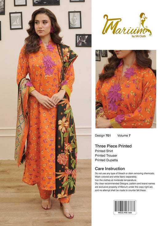 3Pcs Women's Unstiched Lawn Printed Suit ( Beautiful & Unique Design )